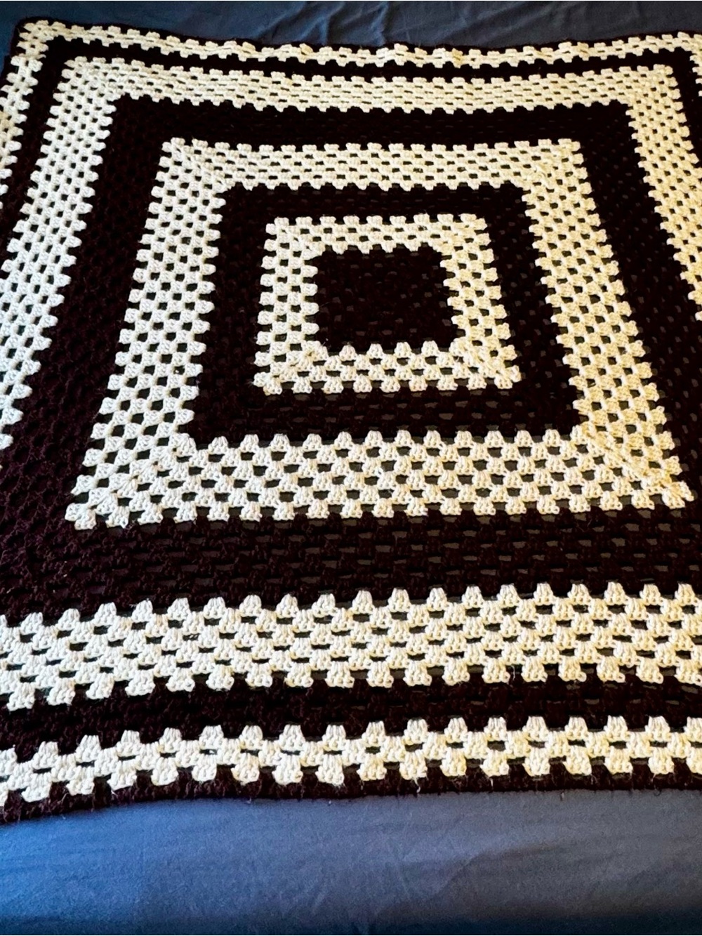 Handmade Vintage crochet Afghan- Brown & Cream Granny Square